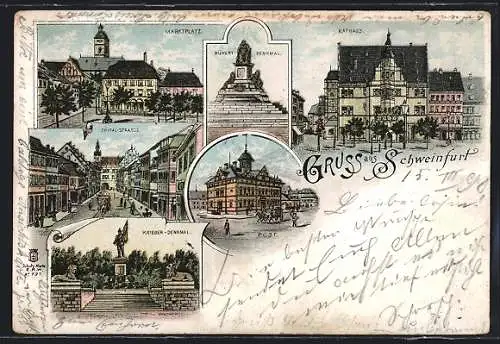 Lithographie Schweinfurt, Marktplatz, Rathaus, Post, Kriegerdenkmal