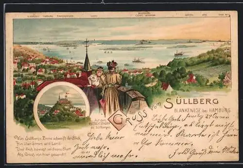 Lithographie Hamburg-Blankenese, Süllberg, auf dem Aussichtsturm