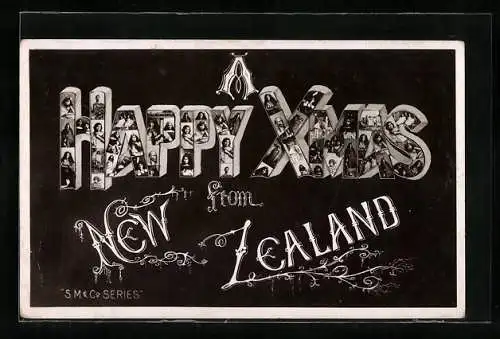 AK New Zealand, Schriftzug Happy X-Mas mit Frauenportraits