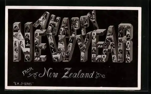 AK New Zealand, Schriftzug Happy Neuwyear mit Frauenportraits