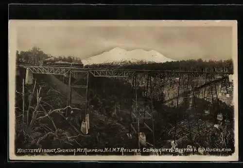 AK Makatote, Viaduct, showing Mt. Ruapehu N. I. M. T. Railway