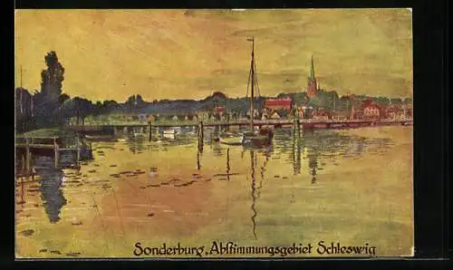 Künstler-AK Sonderburg, Flusspartie zum Sonnenuntergang