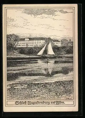 Künstler-AK Alsen, Segelboot am Schloss Augustenburg