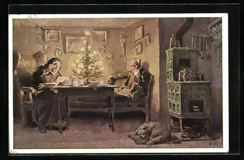 Künstler-AK Paul Hey: Altes Paar sitzt am warmen Ofen um einen Weihnachtsbaum