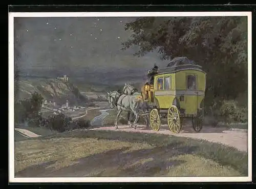 Künstler-AK Paul Hey: Postkutsche auf der nächtlichen Fahrt