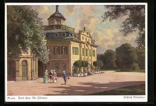Künstler-AK P. Hey: Alt-Weimar, Schloss Belvedere, hoheitliche Gesellschaft im Park