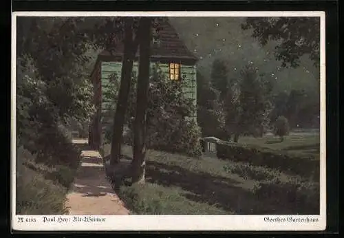 Künstler-AK P. Hey: Goethes Gartenhaus bei Nacht