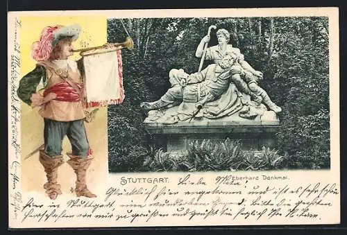 Passepartout-AK Stuttgart, Eberhard-Denkmal, Behüt Dich Gott!