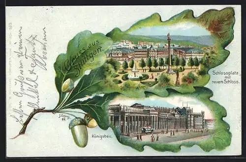 Passepartout-Lithographie Stuttgart, Ansicht vom Königsbau, Schlossplatz mit neuem Schloss, Ansichten auf Eichenblättern