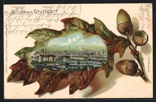 Passepartout-Lithographie Stuttgart, Ortsansicht aus der Vogelschau