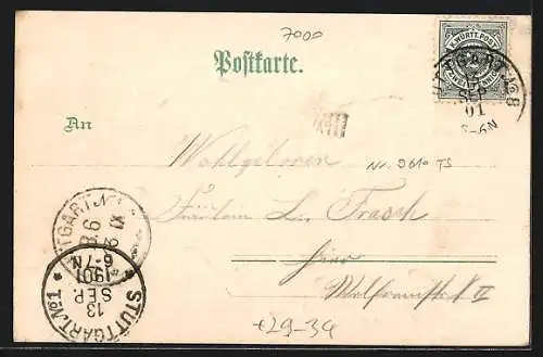 Passepartout-Lithographie Stuttgart, Ortsansicht aus der Vogelschau