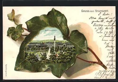 Passepartout-Lithographie Stuttgart, Laubblatt und Schlossplatz