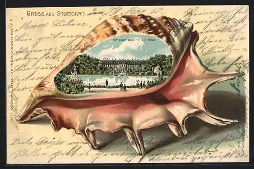 Passepartout-Lithographie Stuttgart, Anlagensee mit Schloss, Muschel