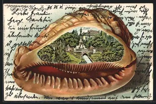 Passepartout-Lithographie Stuttgart, Eugensbrunnen, Muschel