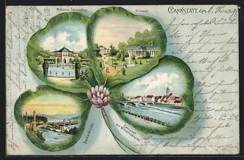 Passepartout-Lithographie Cannstatt, Neckarbrücke, Wilhelma Festsaalbau, Kleeblatt