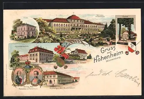 Lithographie Hohenheim /Württemberg, Schloss, Gasthaus Hirsch in Birkach, Villa