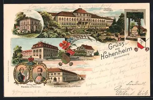 Lithographie Hohenheim /Württemberg, Schloss, Gasthaus Hirsch in Birkach, Villa