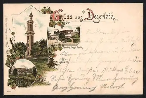 Lithographie Degerloch, Zahnradbahn, Aussichtsturm