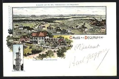 Lithographie Degerloch, Gasthaus zur Charlottenhöhe, Aussichtsturm