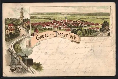 Vorläufer-Lithographie Degerloch, 1895, Zahnradbahn, Aussichtsturm, Ortsansicht