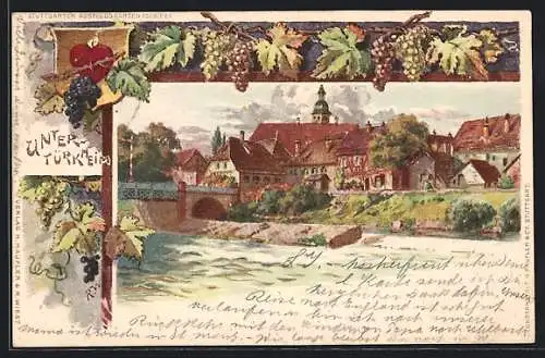 Lithographie Stuttgart-Untertürkheim, Teilansicht mit Brücke