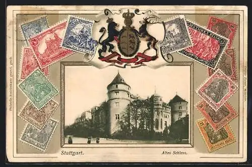 AK Stuttgart, Altes Schloss, Briefmarken, Wappen