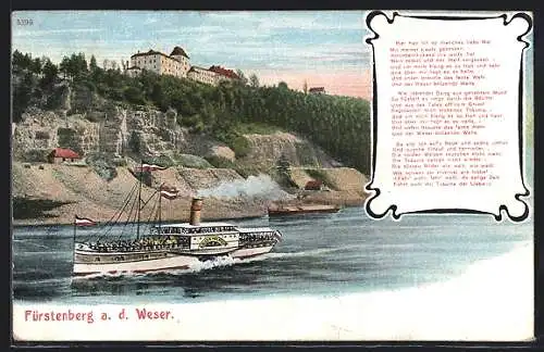 AK Fürstenberg a. d. Weser, Uferpartie mit Schloss und Dampfer Kaiser Wilhelm