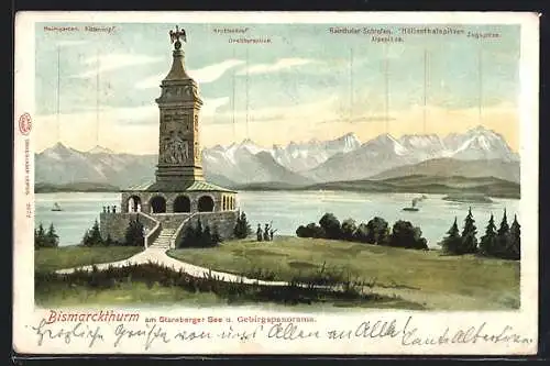 Künstler-AK Starnberg, Blick auf den Bismarckturm mit Gebirgspanorama