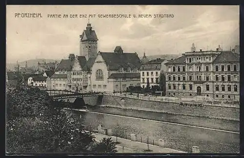 AK Pforzheim, Partie an der Enz mit Gewerbeschule und neuen Stadtbad