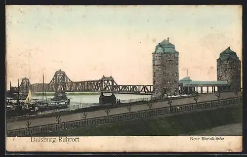 AK Duisburg, Neue Rheinbrücke mit Schiffen