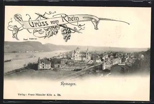 AK Remagen, Ortsansicht mit Kirche, Häuser und Blick auf Rhein