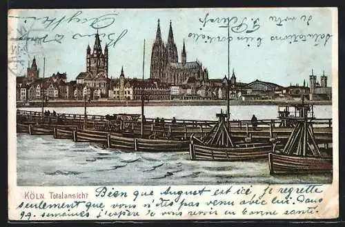 Künstler-AK Köln, Totalansicht mit Pontonbrücke