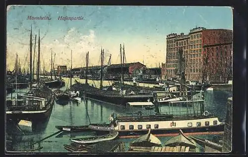 AK Mannheim, Hafenpartie mit Dampfer
