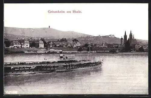 AK Geisenheim / Rh., Ortspartie mit Rheinansicht und Dampfer