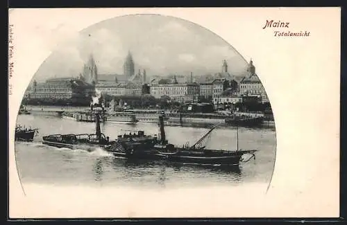 AK Mainz, Totalansicht mit Dampfer