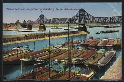AK Duisburg-Ruhort, Binnenschiffe schiffe ankern vor Rheinbrücke