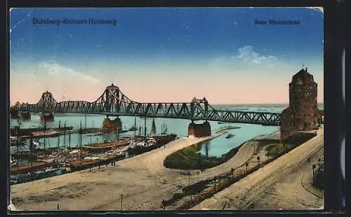 AK Duisburg-Ruhrort, Ansicht der neuen Rheinbrücke, Lastkähne