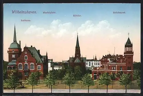 AK Wilhelmshaven, Blick auf den Marktplatz mit Rathaus, Kirche u. Reichspost