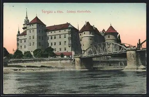 AK Torgau, Schloss Hartenfels und Elbe-Brücke