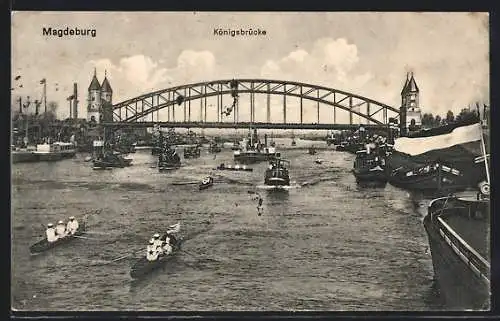 AK Magdeburg, Schiffe und Boote auf Fluss unter der Königsbrücke