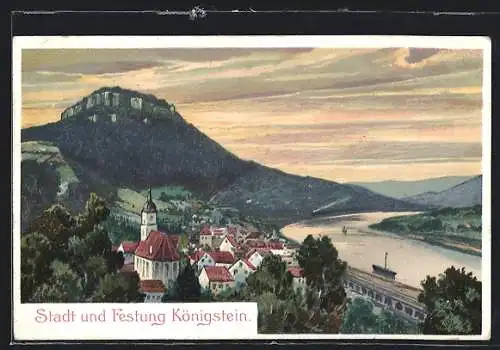 Künstler-AK Königstein / Elbe, Totalansicht mit Festung Königstein