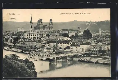 AK Passau, Donaupartie und Blick auf Passau mit Kirche