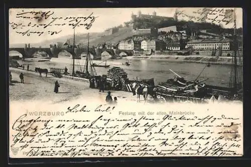 AK Würzburg, Mainufer mit alter Mainbrücke, Blick zur Festung