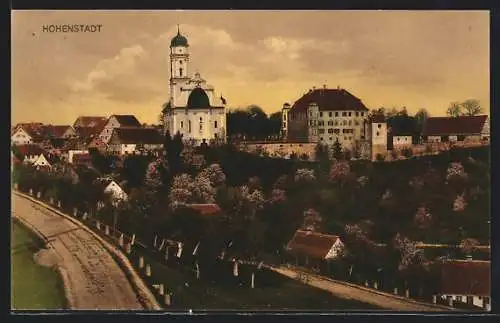 AK Hohenstadt / Aalen, Ortspartie mit Kirche im Abendrot