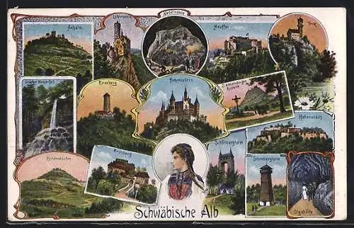 AK Rossberg, verschiedene Ansichten der Schwäbischen Alb mit Schönbergturm, Hohenzollern, Nebelhöhle
