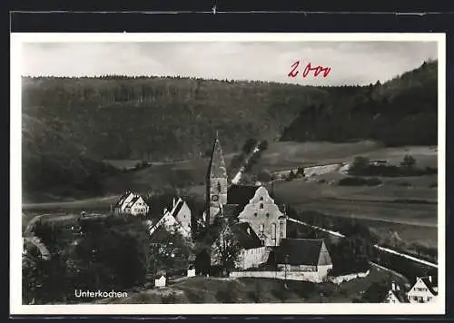 AK Unterkochen, Ortspartie mit Kirche