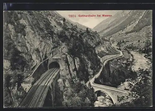 AK Wassen, Strecke der Gotthardbahn durch den Berg