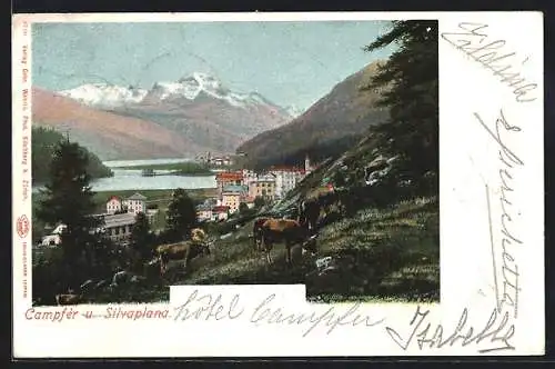 Lithographie Campfer, Totalansicht mit Silvaplana