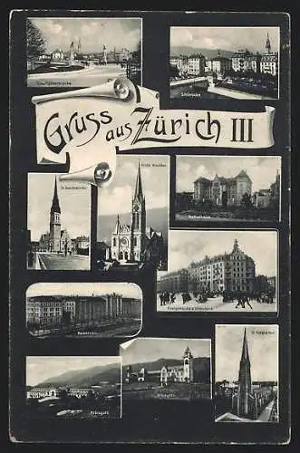 AK Zürich, Stauffacherbrücke, Sihlbrücke, St. Jacobskirche, Kirche Wiedikon, Schulhaus, Kasernen, Postgebäude