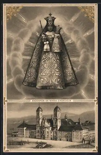 AK Einsiedeln, Kloster mit Walfahrtskirche Maria Einsiedeln, Madonnenabbildung